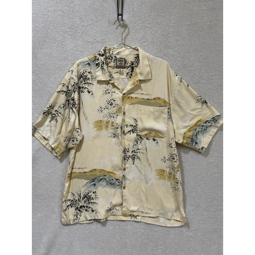 Tommy Bahama Shirt Mens XL Button Up 100% Silk Hawaiian Beach Palm Tree
